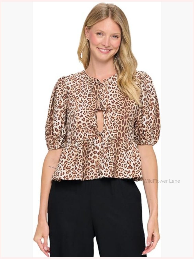 Peplum Tie Front Blouse Short Sleeve Babydoll Top Made In Usa